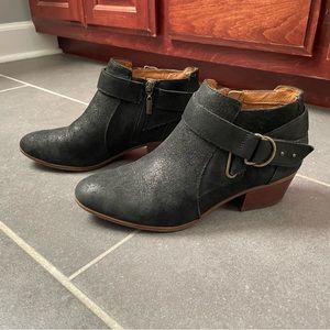 Clark Leather Bootie with size zip and decorative buckle. Black. 7.5